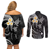 Polynesian Hawaii Couples Off Shoulder Short Dress and Long Sleeve Button Shirts Molokai Islands with Pacific Plumeria White Vibe LT9 - Polynesian Pride