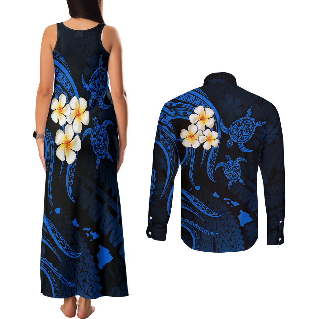 Hawaii Couples Matching Tank Maxi Dress and Long Sleeve Button Shirts Lanai Islands Polynesian Sunset Plumeria Blue Vibe LT9 - Polynesian Pride