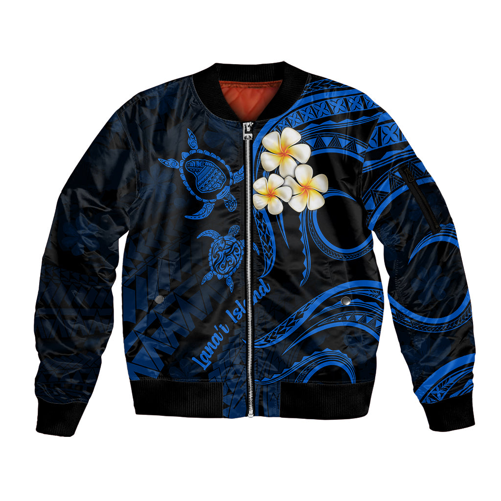 Hawaii Sleeve Zip Bomber Jacket Lanai Islands Polynesian Sunset Plumeria Blue Vibe LT9 Unisex Blue - Polynesian Pride