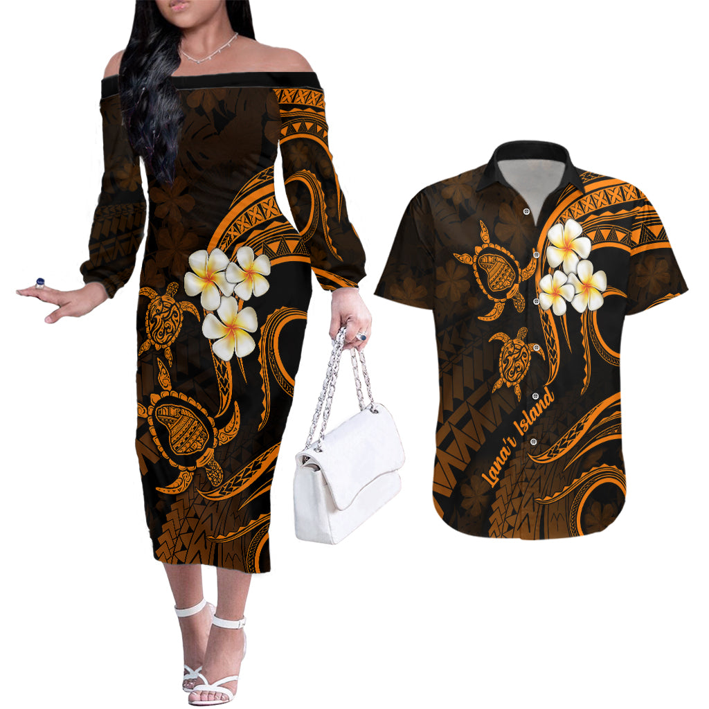 Hawaii Couples Off The Shoulder Long Sleeve Dress and Hawaiian Shirt Lanai Islands Polynesian Sunset Plumeria Gold Vibe LT9 Gold - Polynesian Pride