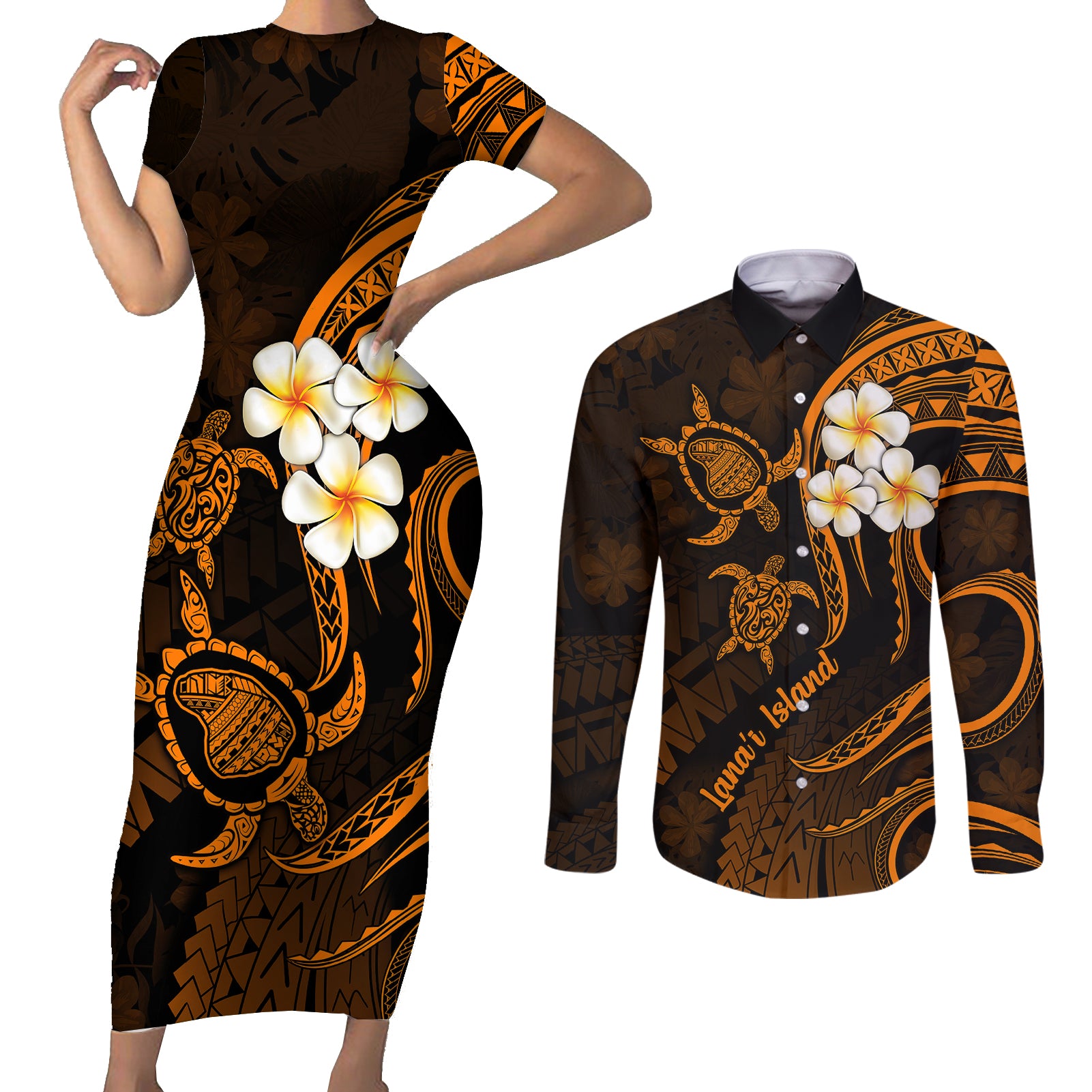 Hawaii Couples Short Sleeve Bodycon Dress and Long Sleeve Button Shirts Lanai Islands Polynesian Sunset Plumeria Gold Vibe LT9 Gold - Polynesian Pride