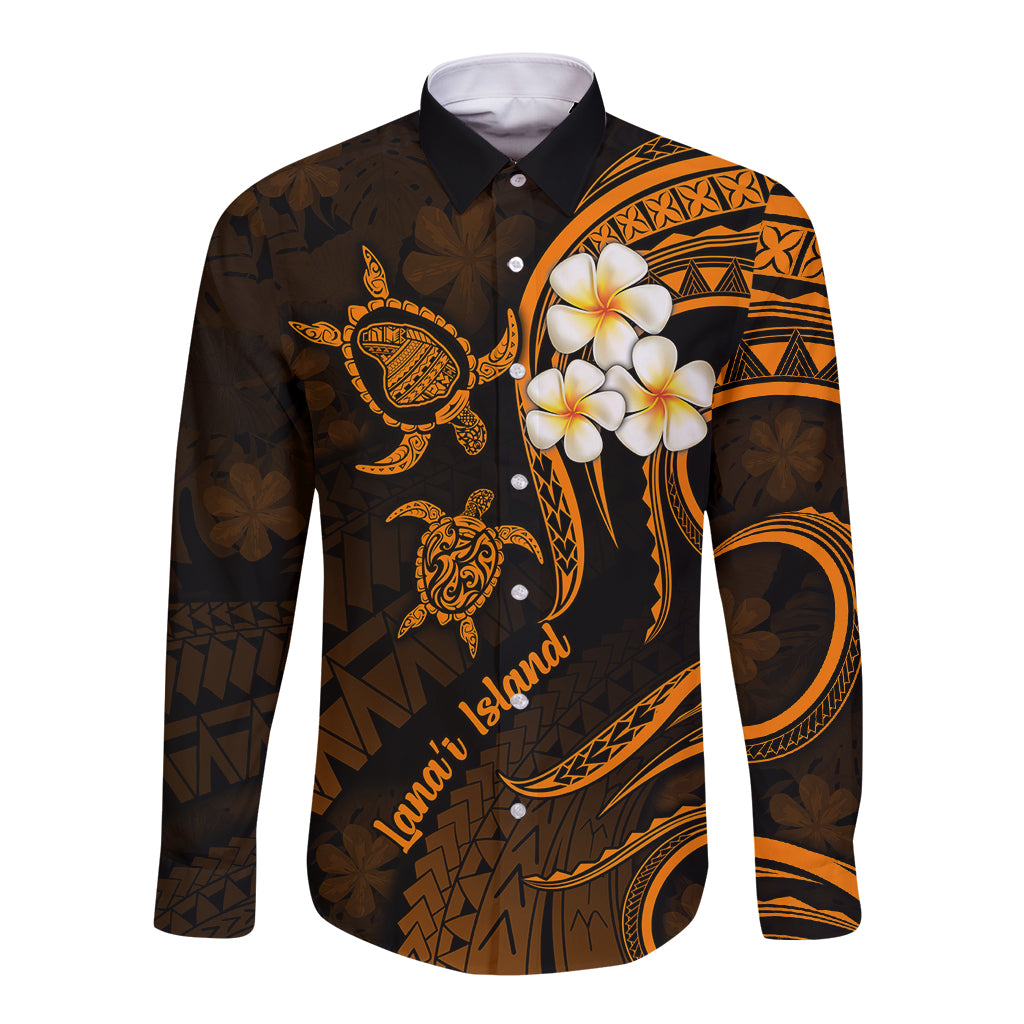 Hawaii Long Sleeve Button Shirt Lanai Islands Polynesian Sunset Plumeria Gold Vibe LT9 Unisex Gold - Polynesian Pride