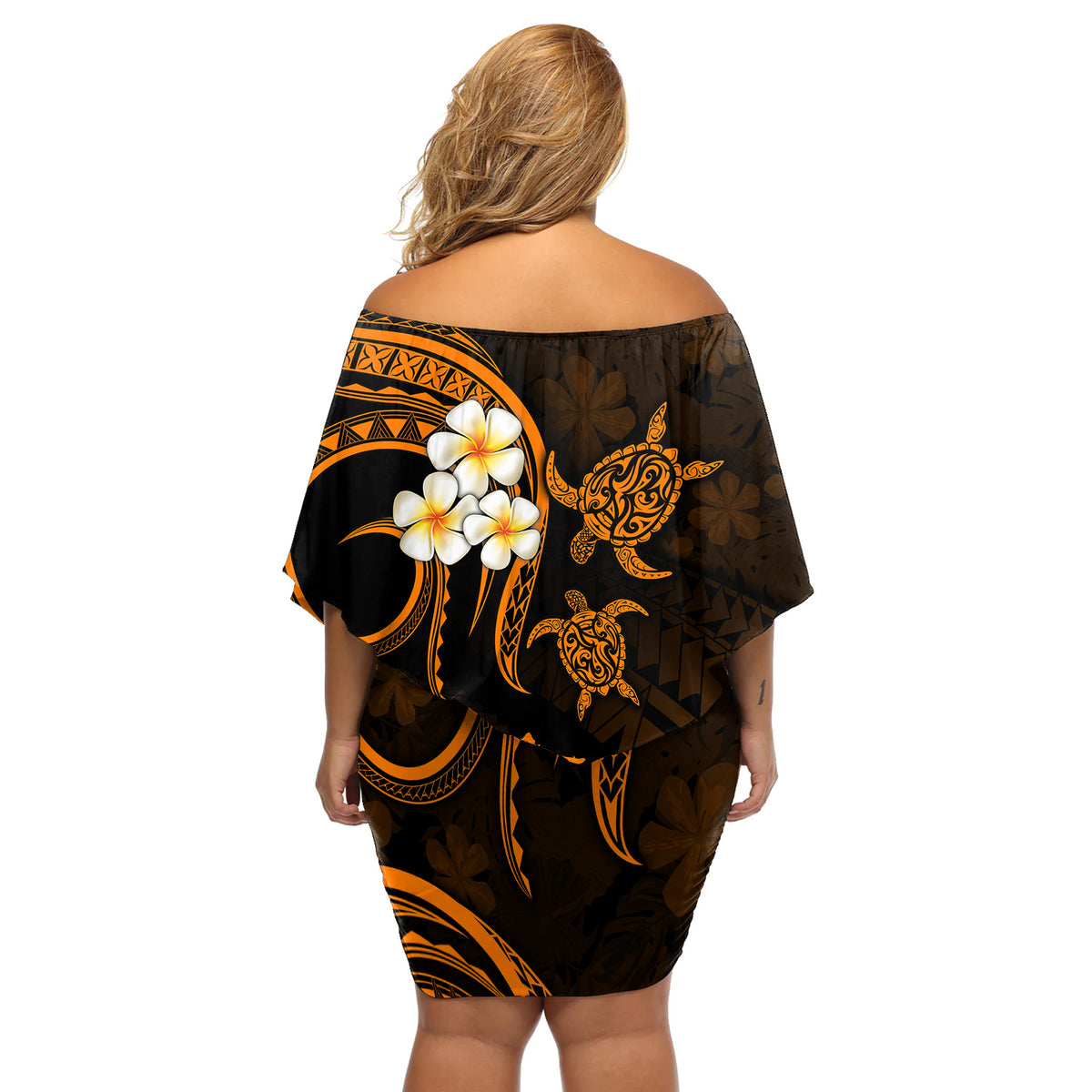 Hawaii Off Shoulder Short Dress Lanai Islands Polynesian Sunset Plumeria Gold Vibe LT9 - Polynesian Pride