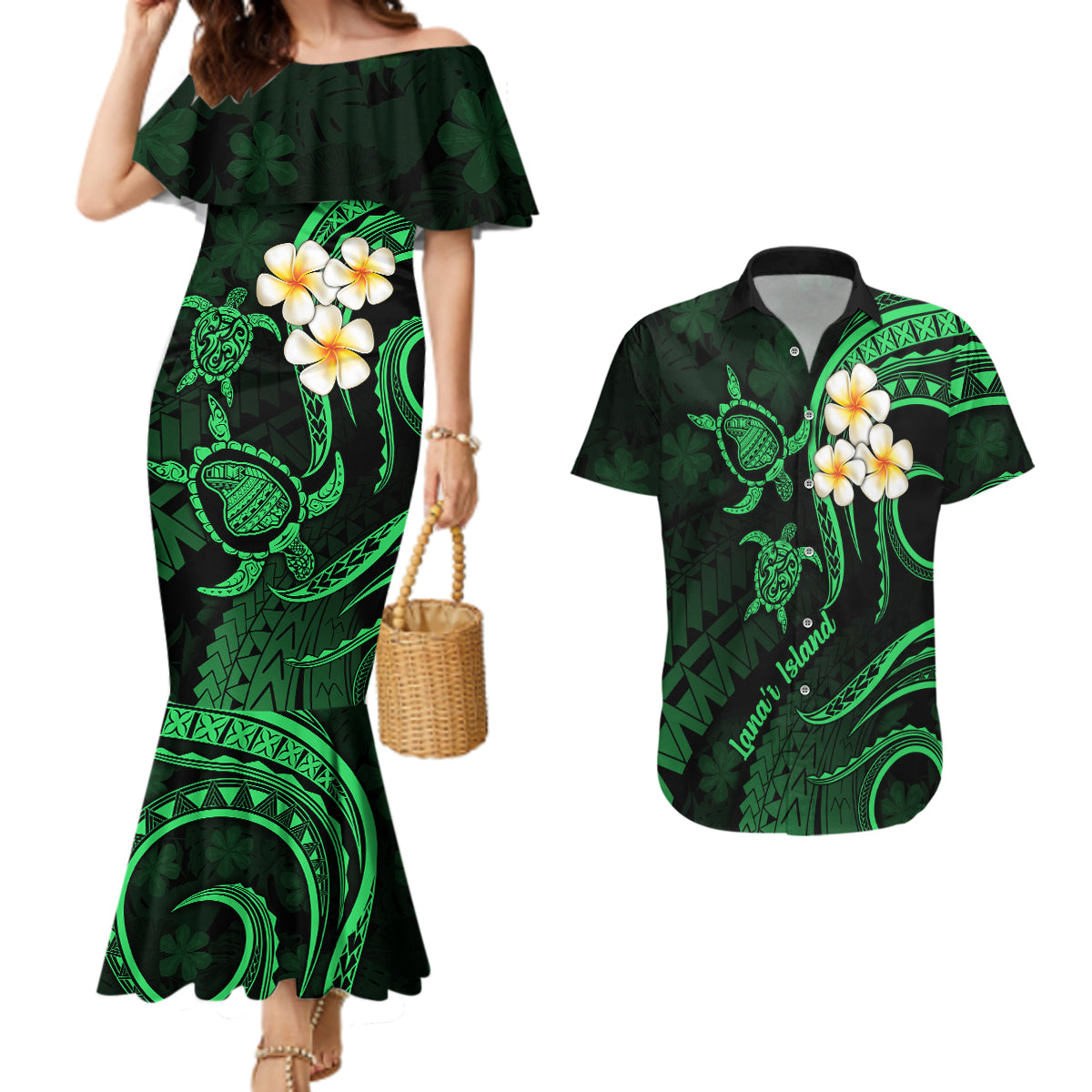 Hawaii Couples Mermaid Dress And Hawaiian Shirt Lanai Islands Polynesian Sunset Plumeria Green Vibe LT9 Green - Polynesian Pride