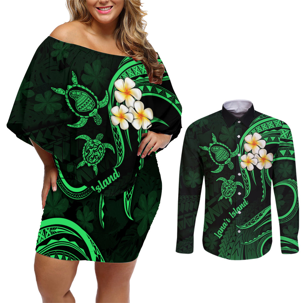 Hawaii Couples Off Shoulder Short Dress and Long Sleeve Button Shirts Lanai Islands Polynesian Sunset Plumeria Green Vibe LT9 Green - Polynesian Pride