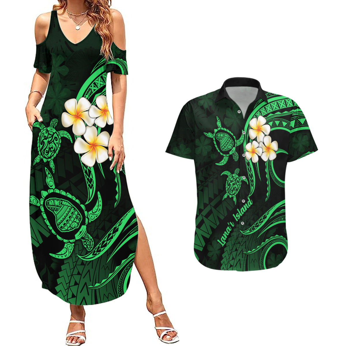 Hawaii Couples Summer Maxi Dress and Hawaiian Shirt Lanai Islands Polynesian Sunset Plumeria Green Vibe LT9 Green - Polynesian Pride