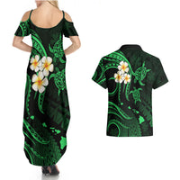 Hawaii Couples Summer Maxi Dress and Hawaiian Shirt Lanai Islands Polynesian Sunset Plumeria Green Vibe LT9 - Polynesian Pride