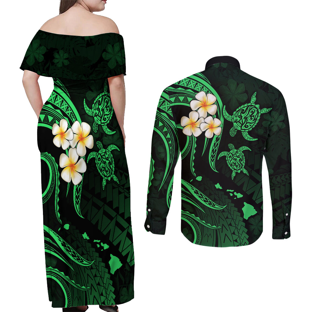 Hawaii Couples Off Shoulder Maxi Dress and Long Sleeve Button Shirts Lanai Islands Polynesian Sunset Plumeria Green Vibe LT9 - Polynesian Pride