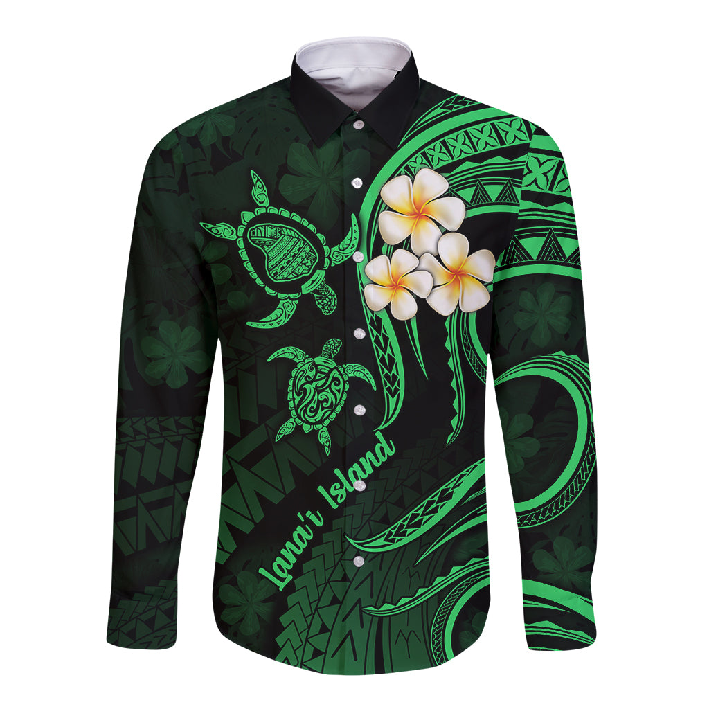 Hawaii Long Sleeve Button Shirt Lanai Islands Polynesian Sunset Plumeria Green Vibe LT9 Unisex Green - Polynesian Pride