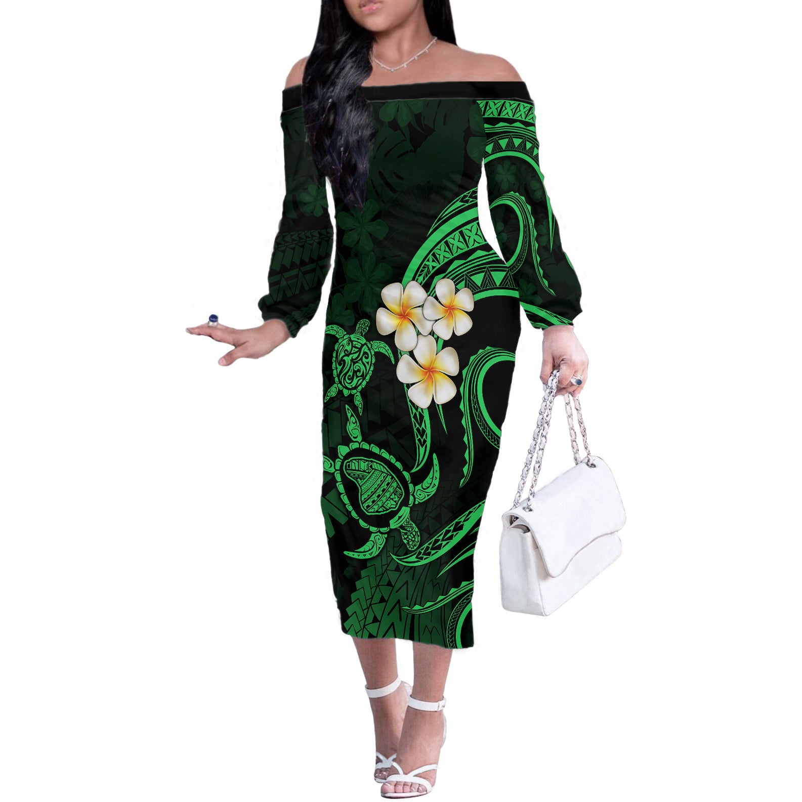 Hawaii Off The Shoulder Long Sleeve Dress Lanai Islands Polynesian Sunset Plumeria Green Vibe LT9 Women Green - Polynesian Pride