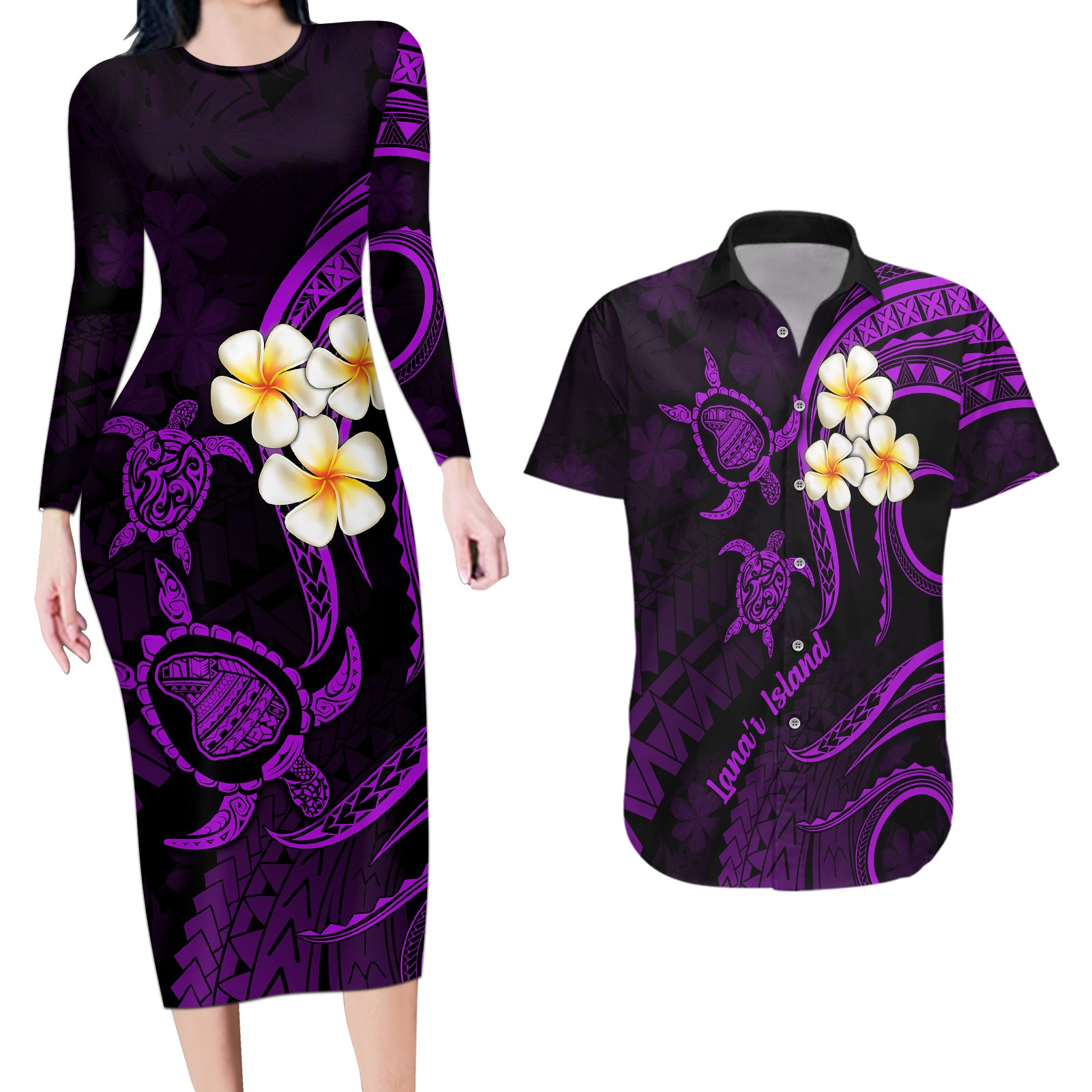 Polynesian Hawaii Couples Long Sleeve Bodycon Dress and Hawaiian Shirt Lanai Islands with Pacific Plumeria Purple Vibe LT9 Purple - Polynesian Pride