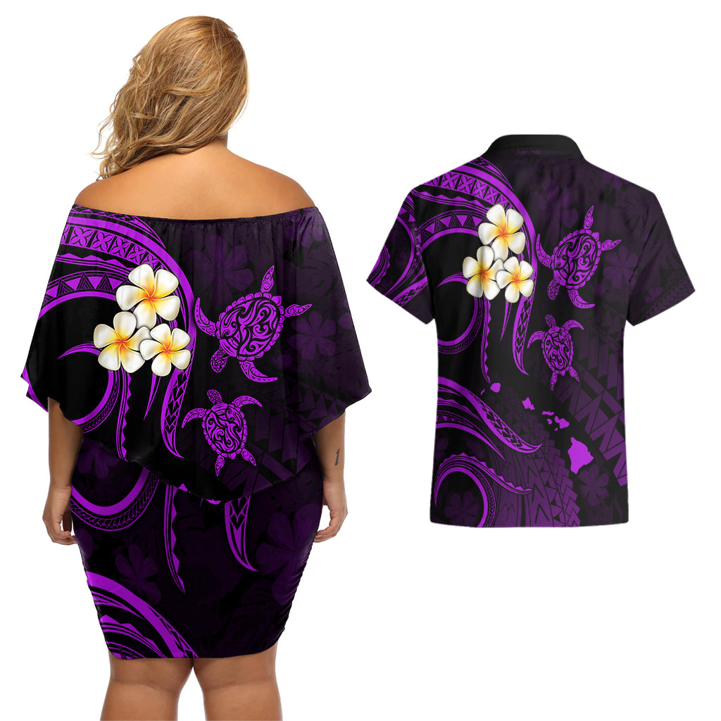 Polynesian Hawaii Couples Off Shoulder Short Dress and Hawaiian Shirt Lanai Islands with Pacific Plumeria Purple Vibe LT9 - Polynesian Pride