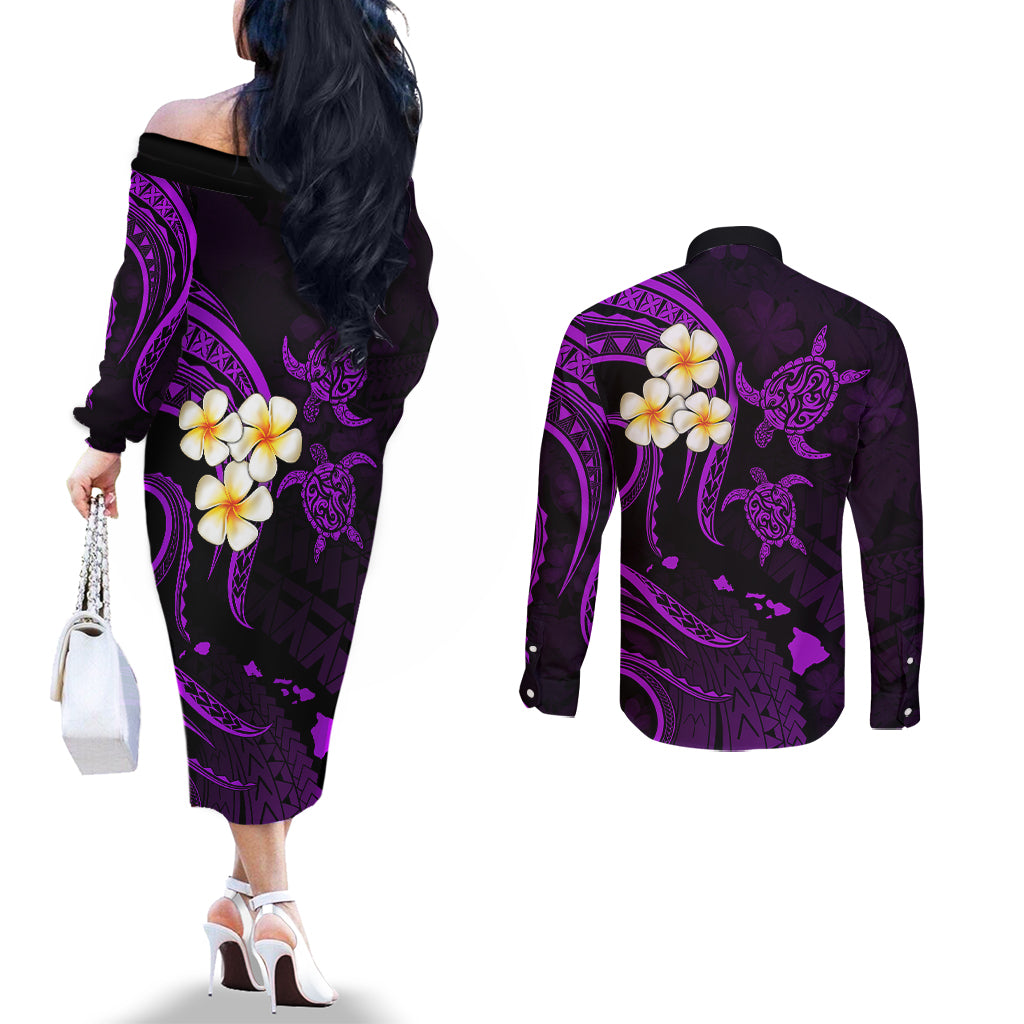 Polynesian Hawaii Couples Off The Shoulder Long Sleeve Dress and Long Sleeve Button Shirts Lanai Islands with Pacific Plumeria Purple Vibe LT9 - Polynesian Pride