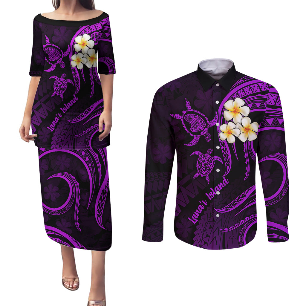 Polynesian Hawaii Couples Puletasi Dress and Long Sleeve Button Shirts Lanai Islands with Pacific Plumeria Purple Vibe LT9 Purple - Polynesian Pride