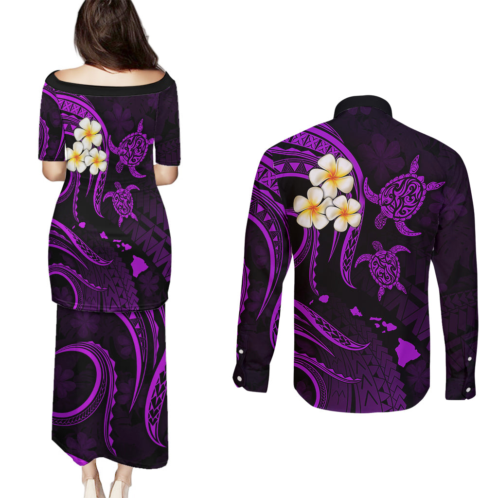 Polynesian Hawaii Couples Puletasi Dress and Long Sleeve Button Shirts Lanai Islands with Pacific Plumeria Purple Vibe LT9 - Polynesian Pride