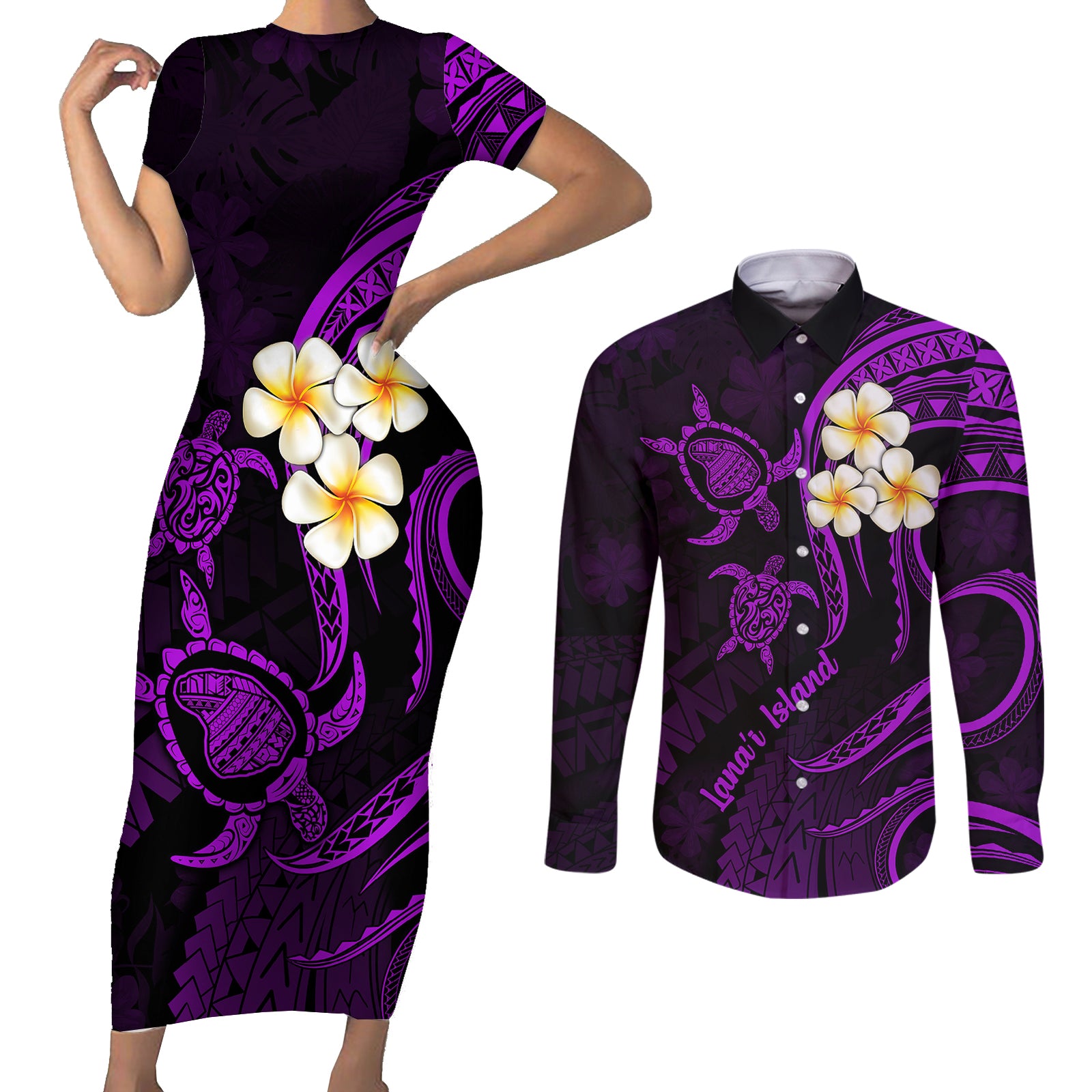 Polynesian Hawaii Couples Short Sleeve Bodycon Dress and Long Sleeve Button Shirts Lanai Islands with Pacific Plumeria Purple Vibe LT9 Purple - Polynesian Pride