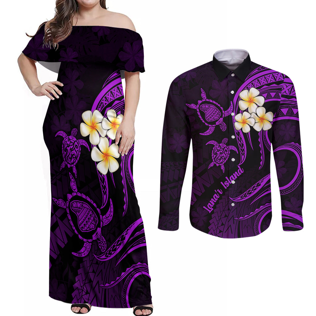 Polynesian Hawaii Couples Off Shoulder Maxi Dress and Long Sleeve Button Shirts Lanai Islands with Pacific Plumeria Purple Vibe LT9 Purple - Polynesian Pride