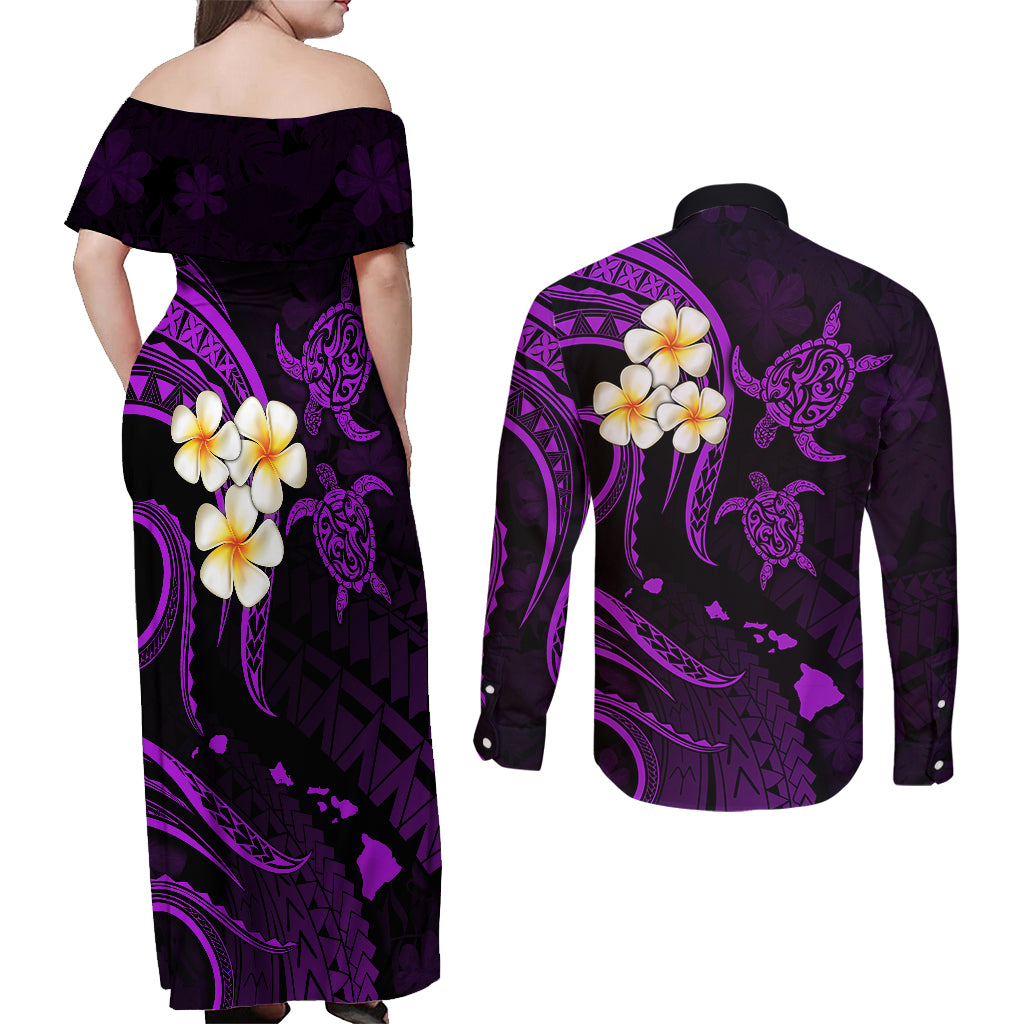Polynesian Hawaii Couples Off Shoulder Maxi Dress and Long Sleeve Button Shirts Lanai Islands with Pacific Plumeria Purple Vibe LT9 - Polynesian Pride