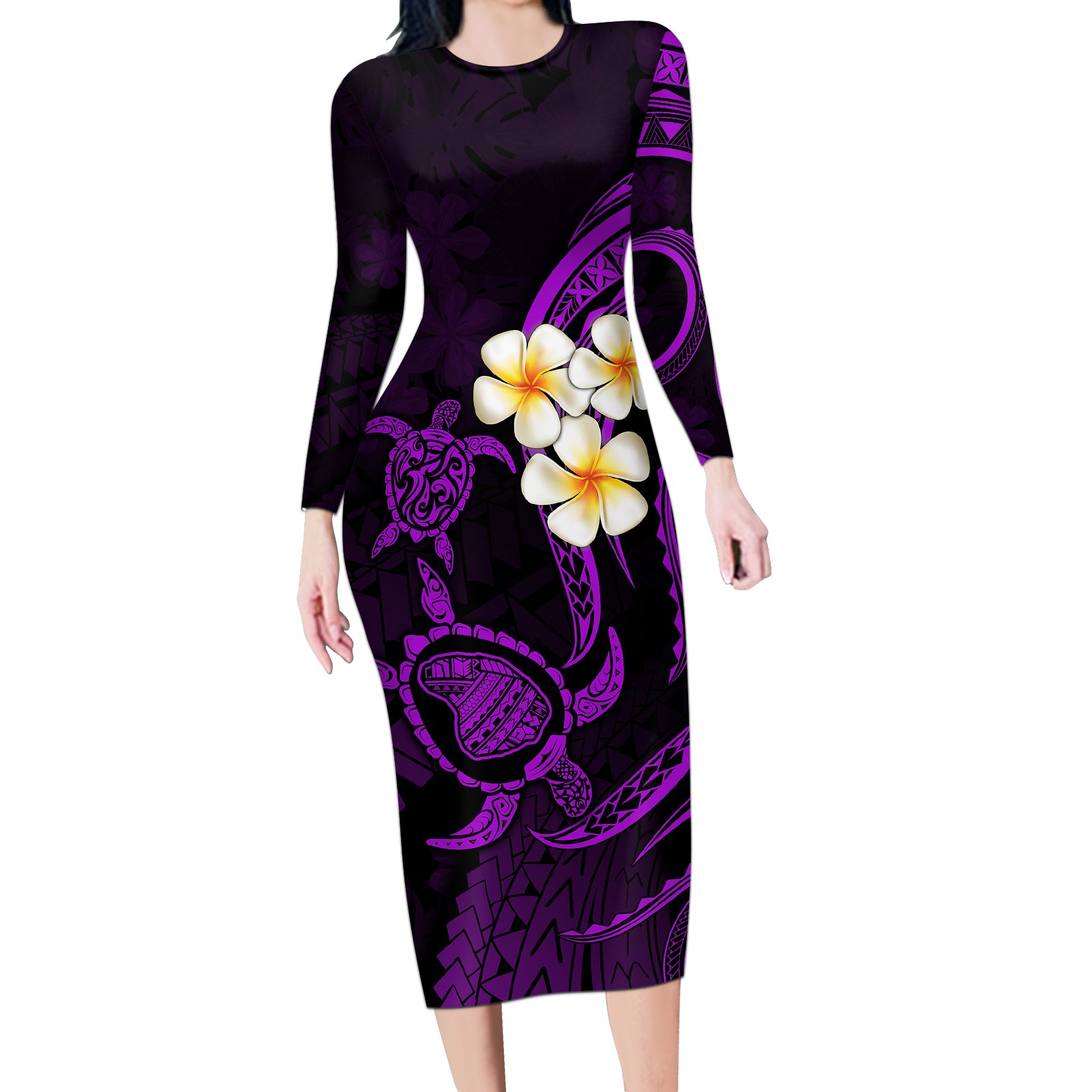 Polynesian Hawaii Long Sleeve Bodycon Dress Lanai Islands with Pacific Plumeria Purple Vibe LT9 Long Dress Purple - Polynesian Pride