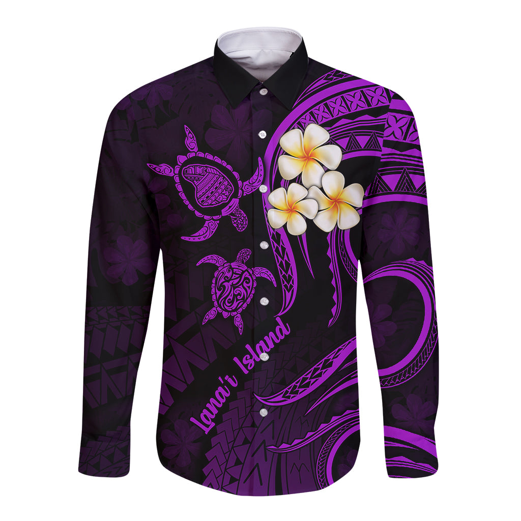 Polynesian Hawaii Long Sleeve Button Shirt Lanai Islands with Pacific Plumeria Purple Vibe LT9 Unisex Purple - Polynesian Pride