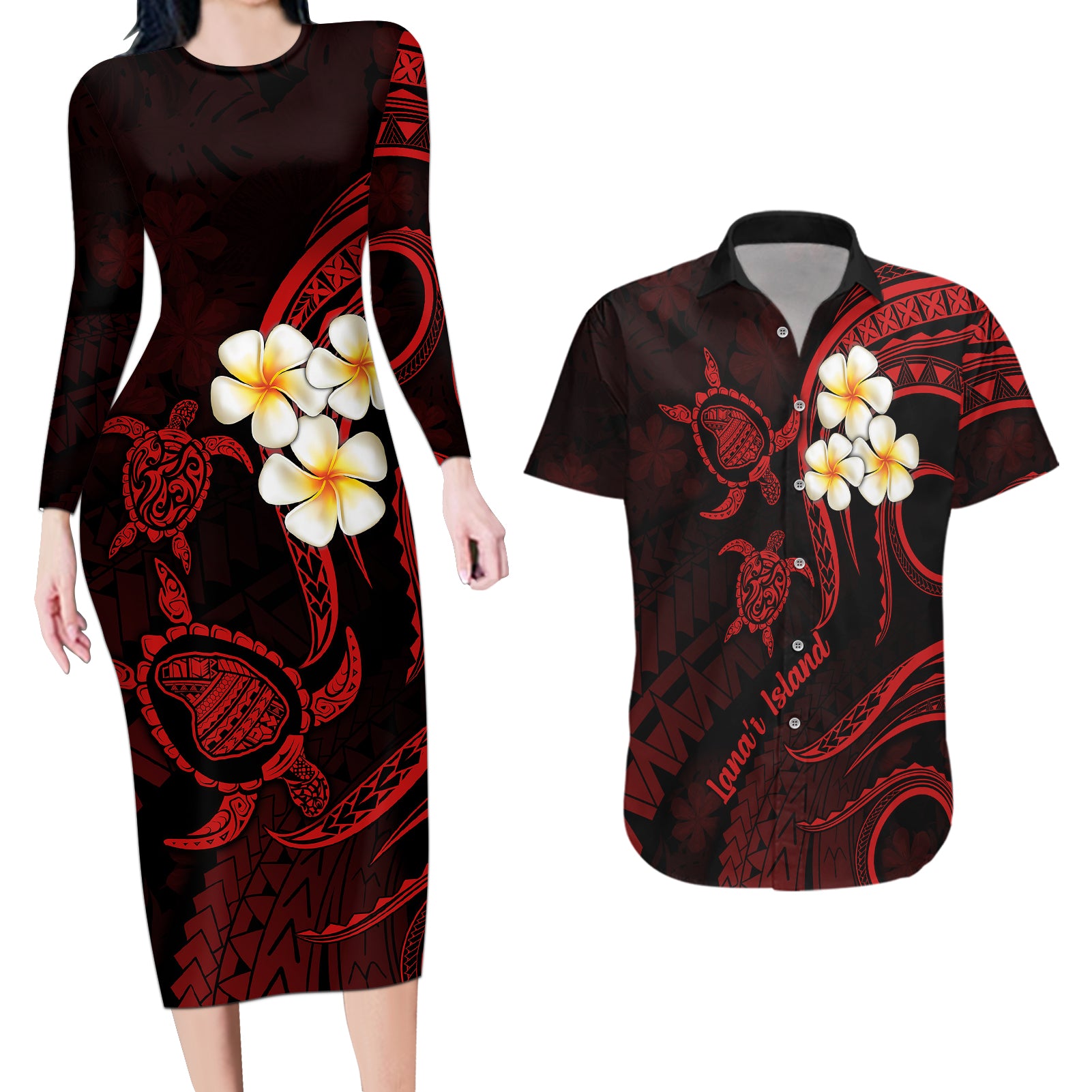 Polynesian Hawaii Couples Long Sleeve Bodycon Dress and Hawaiian Shirt Lanai Islands with Pacific Plumeria Red Vibe LT9 Red - Polynesian Pride