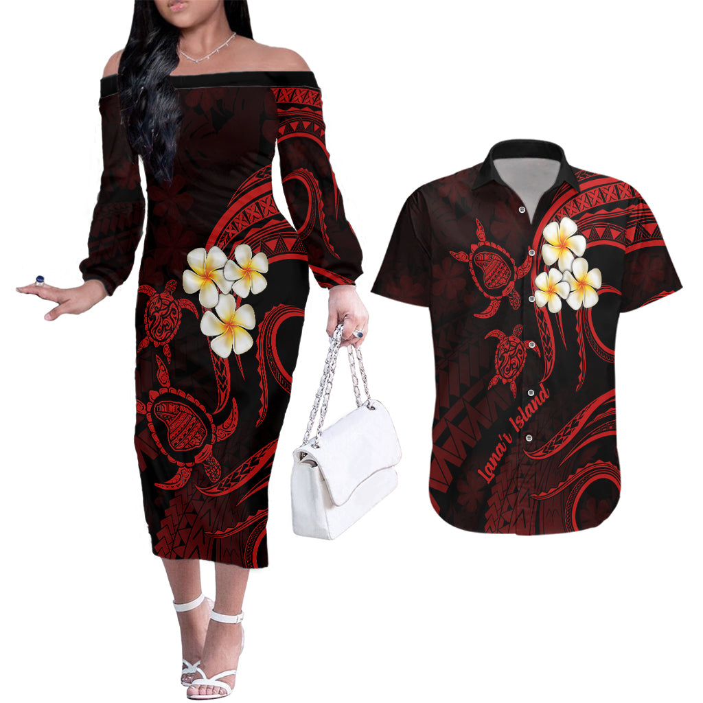 Polynesian Hawaii Couples Off The Shoulder Long Sleeve Dress and Hawaiian Shirt Lanai Islands with Pacific Plumeria Red Vibe LT9 Red - Polynesian Pride