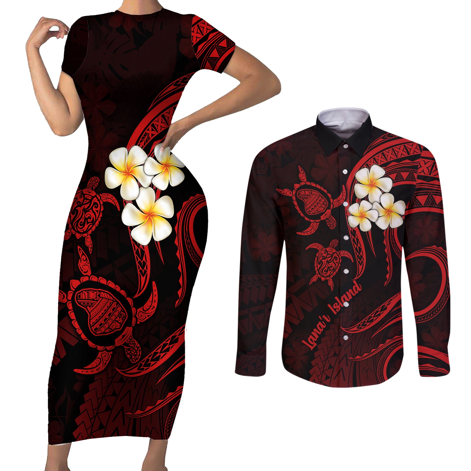 Polynesian Hawaii Couples Short Sleeve Bodycon Dress and Long Sleeve Button Shirts Lanai Islands with Pacific Plumeria Red Vibe LT9 Red - Polynesian Pride