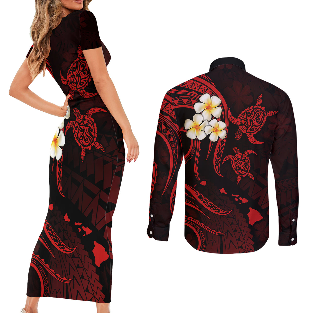 Polynesian Hawaii Couples Short Sleeve Bodycon Dress and Long Sleeve Button Shirts Lanai Islands with Pacific Plumeria Red Vibe LT9 - Polynesian Pride