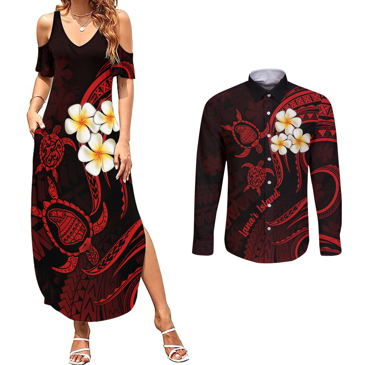 Polynesian Hawaii Couples Summer Maxi Dress and Long Sleeve Button Shirts Lanai Islands with Pacific Plumeria Red Vibe LT9 Red - Polynesian Pride