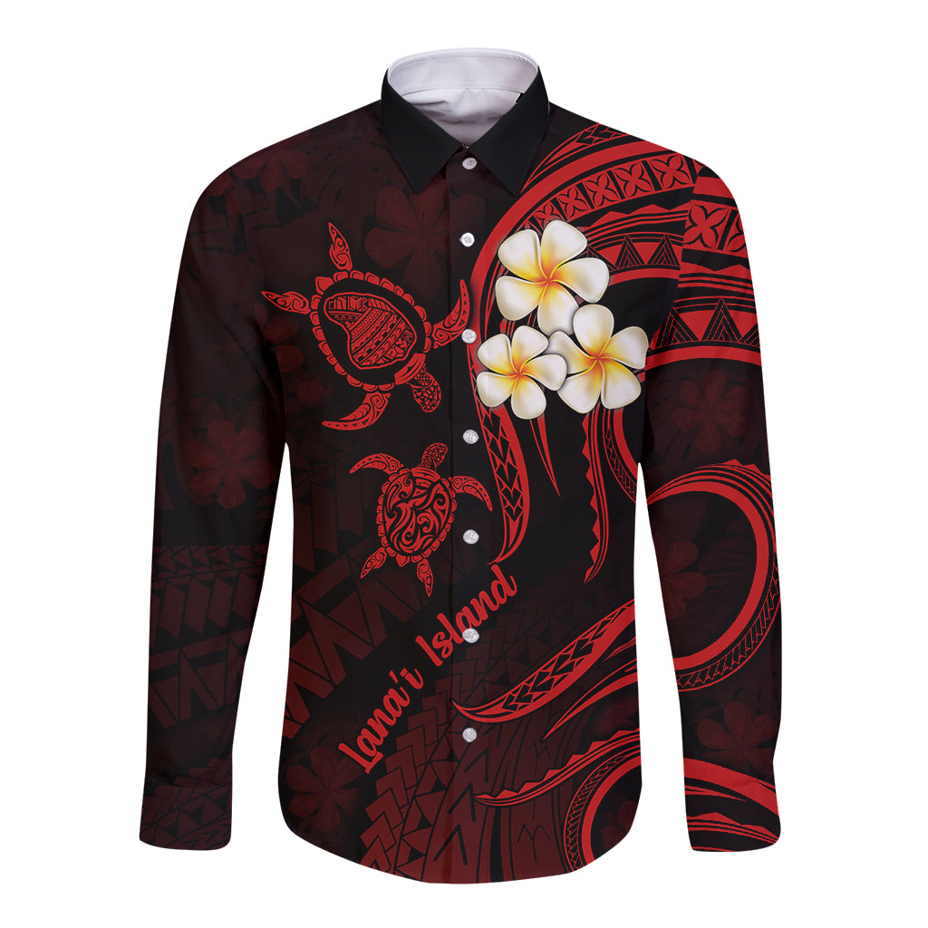 Polynesian Hawaii Long Sleeve Button Shirt Lanai Islands with Pacific Plumeria Red Vibe LT9 Unisex Red - Polynesian Pride