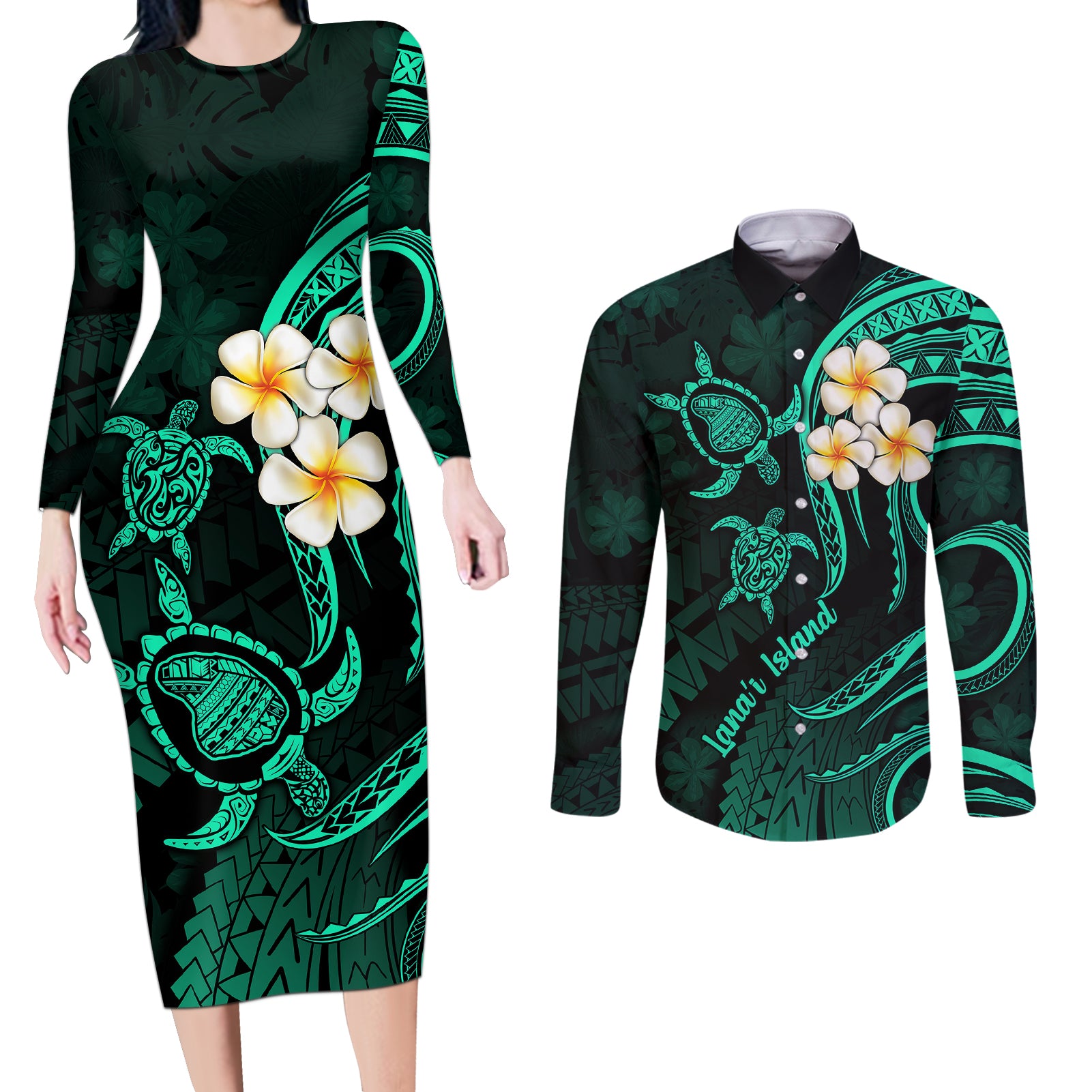 Polynesian Hawaii Couples Long Sleeve Bodycon Dress and Long Sleeve Button Shirts Lanai Islands with Pacific Plumeria Turquoise Vibe LT9 Turquoise - Polynesian Pride