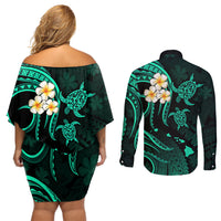 Polynesian Hawaii Couples Off Shoulder Short Dress and Long Sleeve Button Shirts Lanai Islands with Pacific Plumeria Turquoise Vibe LT9 - Polynesian Pride