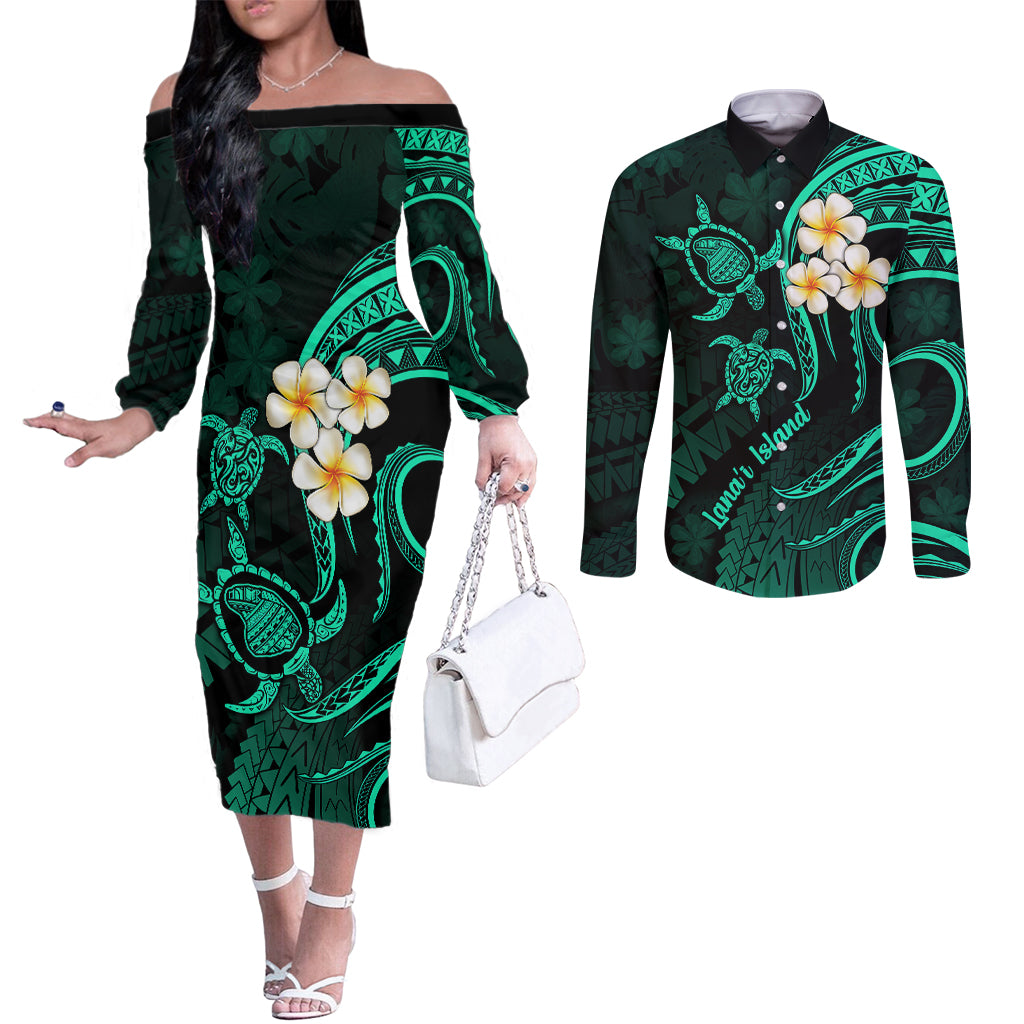 Polynesian Hawaii Couples Off The Shoulder Long Sleeve Dress and Long Sleeve Button Shirts Lanai Islands with Pacific Plumeria Turquoise Vibe LT9 Turquoise - Polynesian Pride