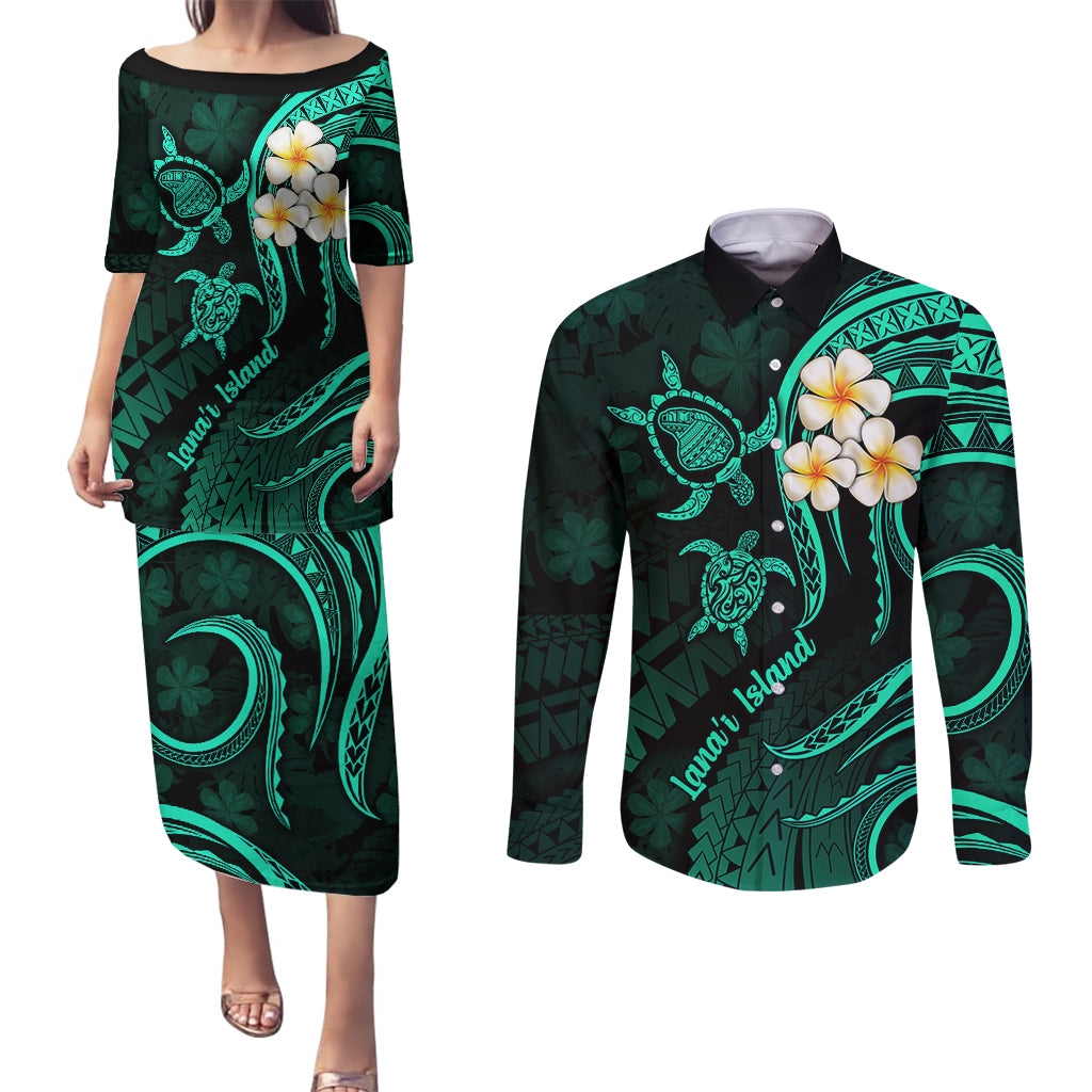 Polynesian Hawaii Couples Puletasi Dress and Long Sleeve Button Shirts Lanai Islands with Pacific Plumeria Turquoise Vibe LT9 Turquoise - Polynesian Pride