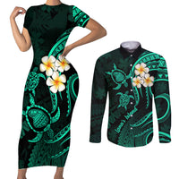Polynesian Hawaii Couples Short Sleeve Bodycon Dress and Long Sleeve Button Shirts Lanai Islands with Pacific Plumeria Turquoise Vibe LT9 Turquoise - Polynesian Pride