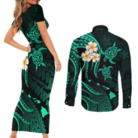 Polynesian Hawaii Couples Short Sleeve Bodycon Dress and Long Sleeve Button Shirts Lanai Islands with Pacific Plumeria Turquoise Vibe LT9 - Polynesian Pride
