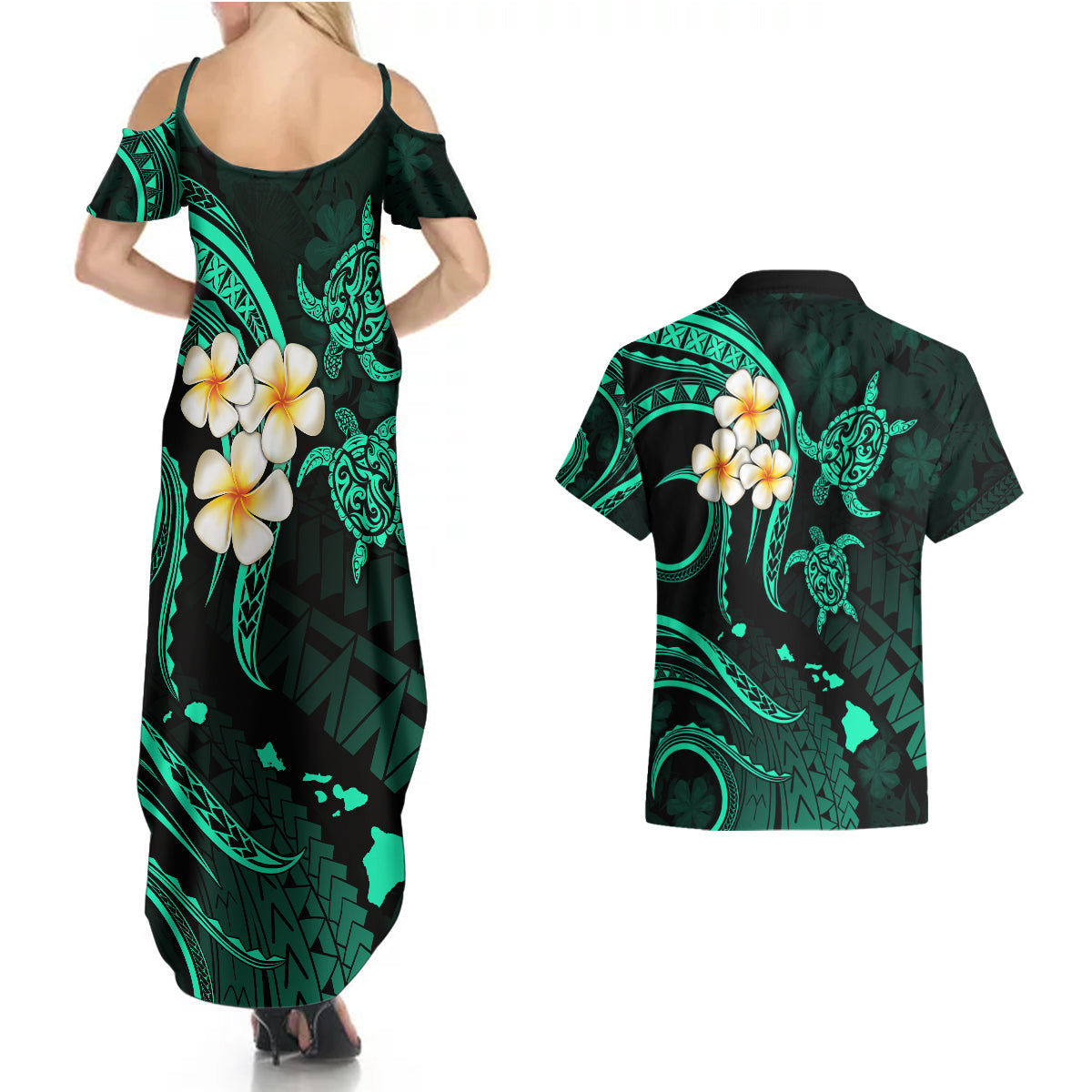 Polynesian Hawaii Couples Summer Maxi Dress and Hawaiian Shirt Lanai Islands with Pacific Plumeria Turquoise Vibe LT9 - Polynesian Pride