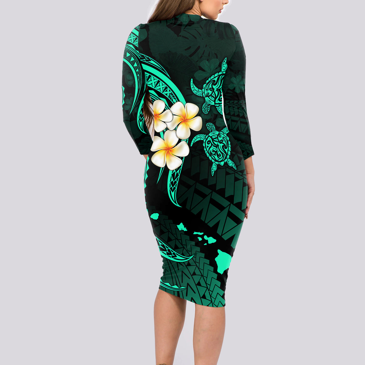 Polynesian Hawaii Long Sleeve Bodycon Dress Lanai Islands with Pacific Plumeria Turquoise Vibe LT9 - Polynesian Pride