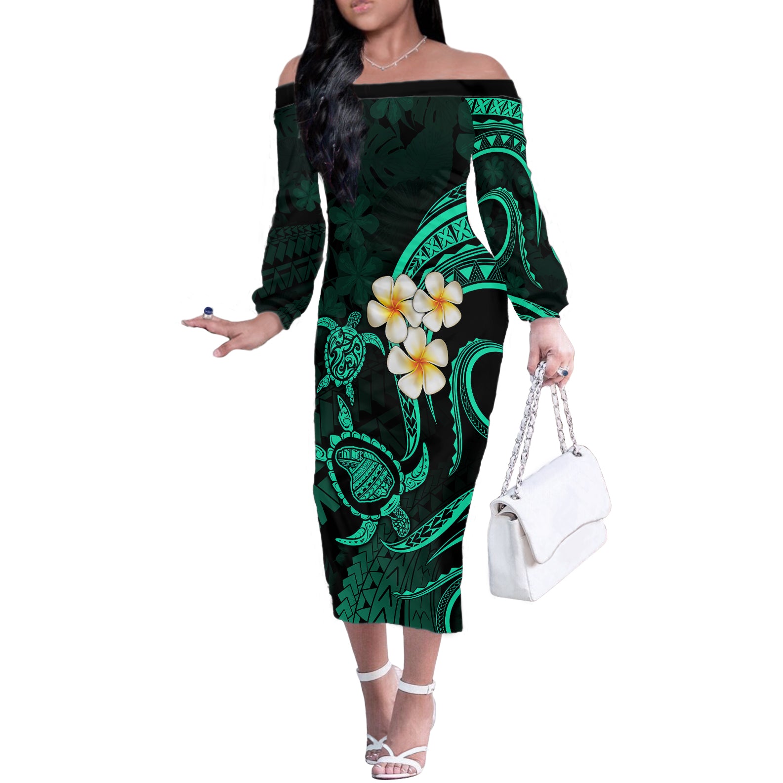 Polynesian Hawaii Off The Shoulder Long Sleeve Dress Lanai Islands with Pacific Plumeria Turquoise Vibe LT9 Women Turquoise - Polynesian Pride