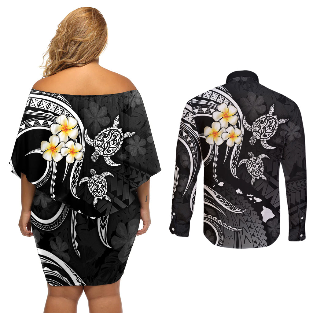Polynesian Hawaii Couples Off Shoulder Short Dress and Long Sleeve Button Shirts Lanai Islands with Pacific Plumeria White Vibe LT9 - Polynesian Pride