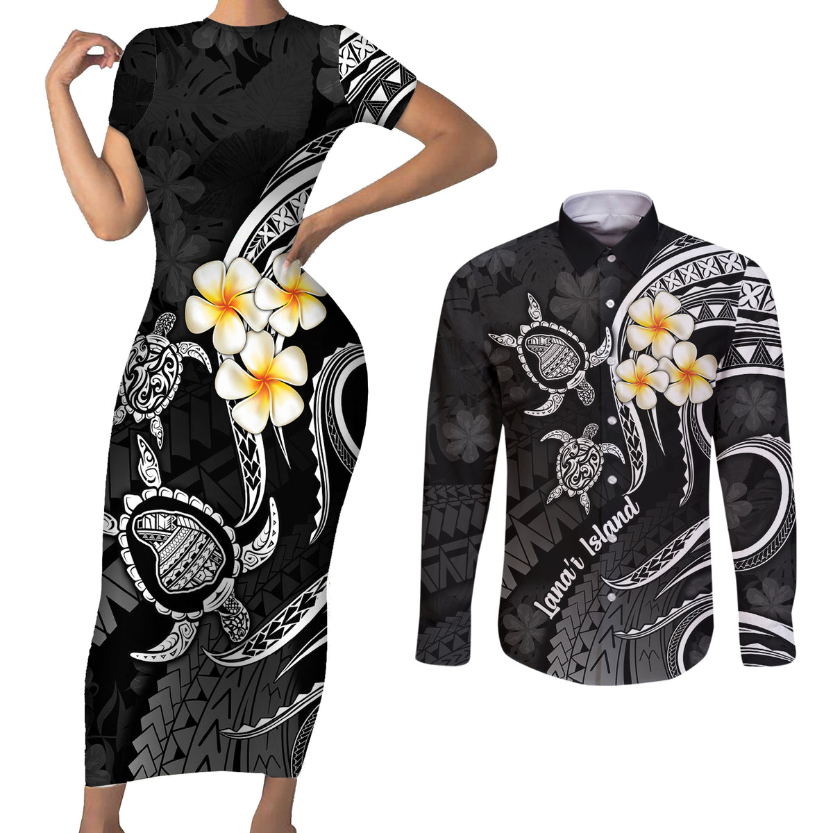 Polynesian Hawaii Couples Short Sleeve Bodycon Dress and Long Sleeve Button Shirts Lanai Islands with Pacific Plumeria White Vibe LT9 White - Polynesian Pride