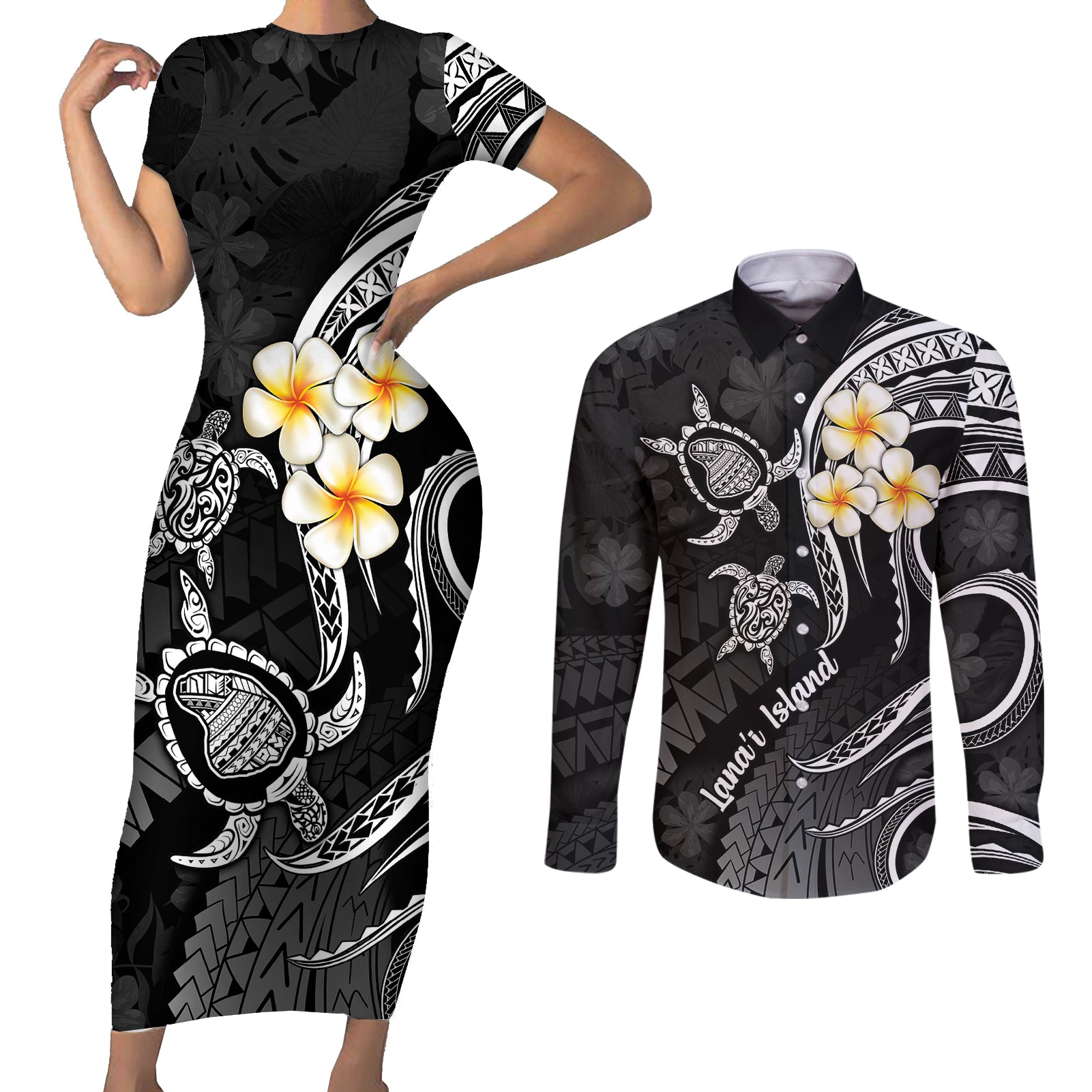 Polynesian Hawaii Couples Short Sleeve Bodycon Dress and Long Sleeve Button Shirts Lanai Islands with Pacific Plumeria White Vibe LT9 White - Polynesian Pride