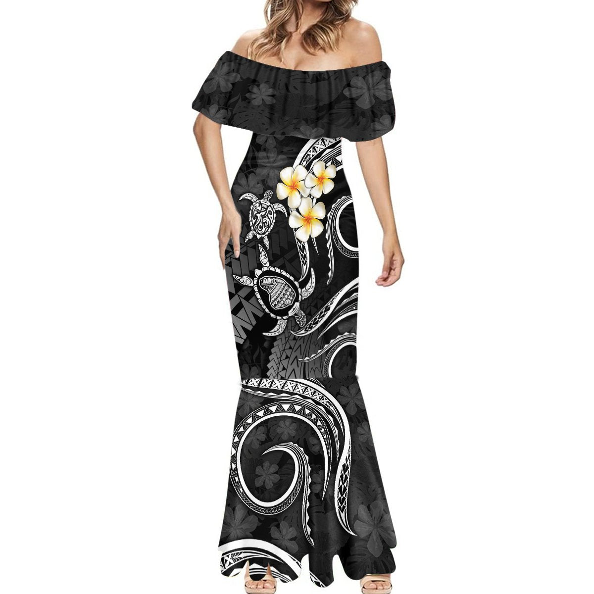 Polynesian Hawaii Mermaid Dress Lanai Islands with Pacific Plumeria White Vibe LT9 - Polynesian Pride