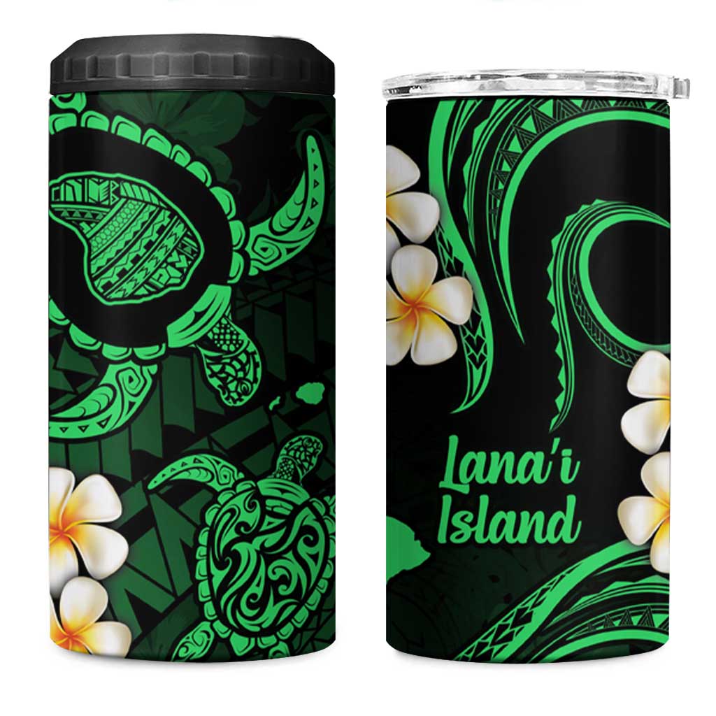 Hawaii Lanaʻi Islands Pacific Plumeria 4 in 1 Can Cooler Tumbler Green Polynesian Tattoo