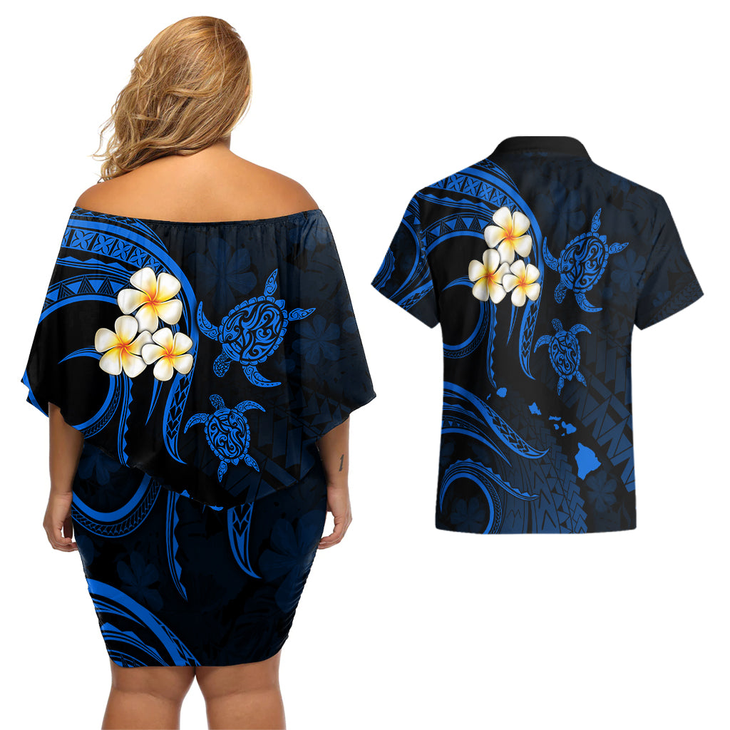 Hawaii Couples Off Shoulder Short Dress and Hawaiian Shirt Kauai Islands Polynesian Sunset Plumeria LT9 - Polynesian Pride