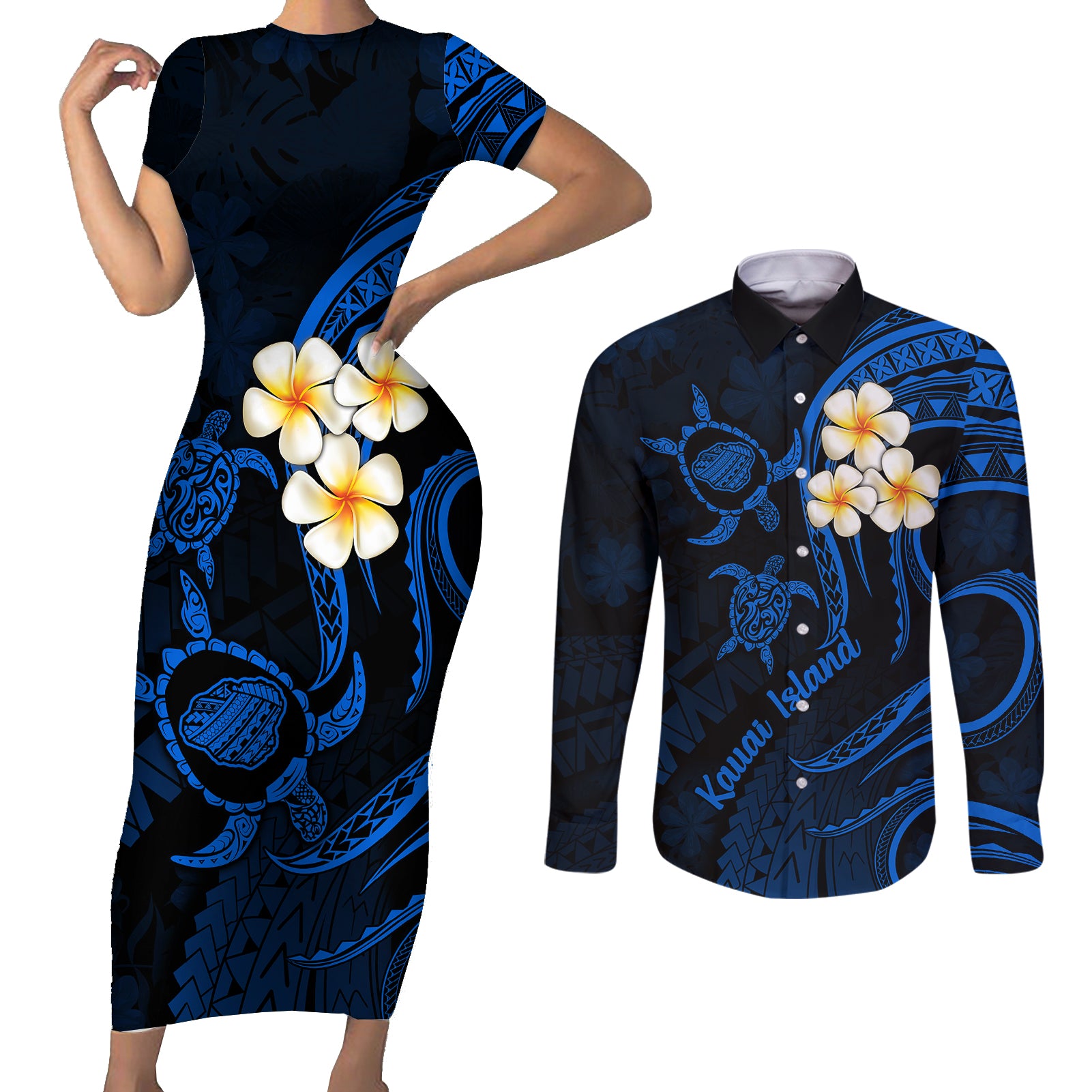 Hawaii Couples Short Sleeve Bodycon Dress and Long Sleeve Button Shirts Kauai Islands Polynesian Sunset Plumeria LT9 Blue - Polynesian Pride