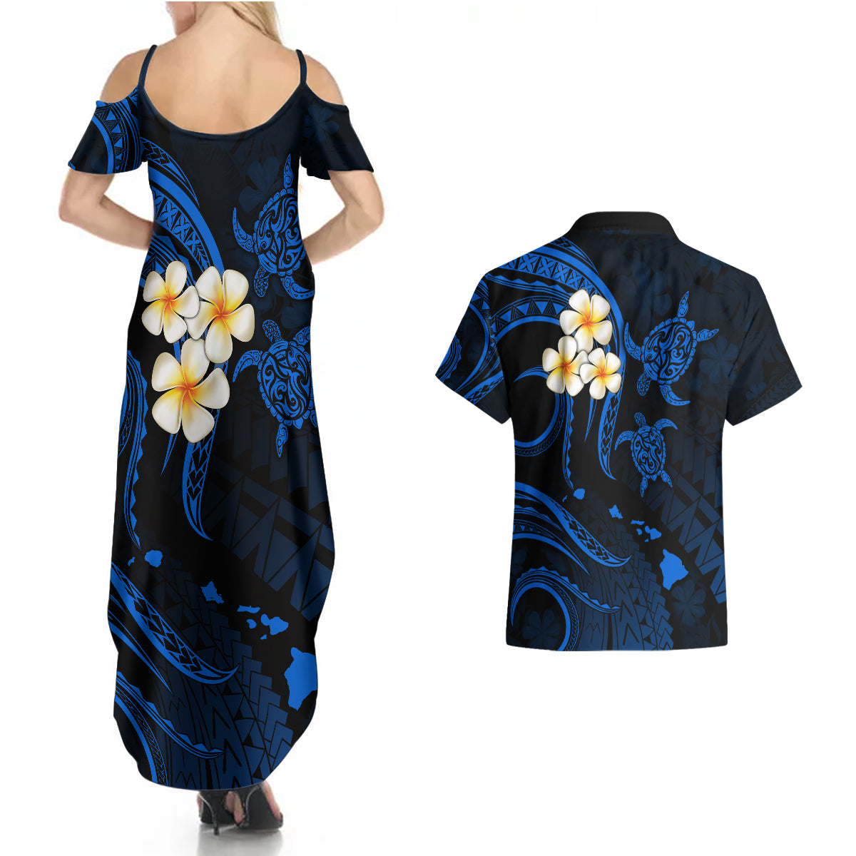 Hawaii Couples Summer Maxi Dress and Hawaiian Shirt Kauai Islands Polynesian Sunset Plumeria LT9 - Polynesian Pride