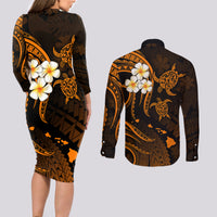 Hawaii Couples Long Sleeve Bodycon Dress and Long Sleeve Button Shirts Kauai Islands Polynesian Sunset Plumeria Gold Vibe LT9 - Polynesian Pride