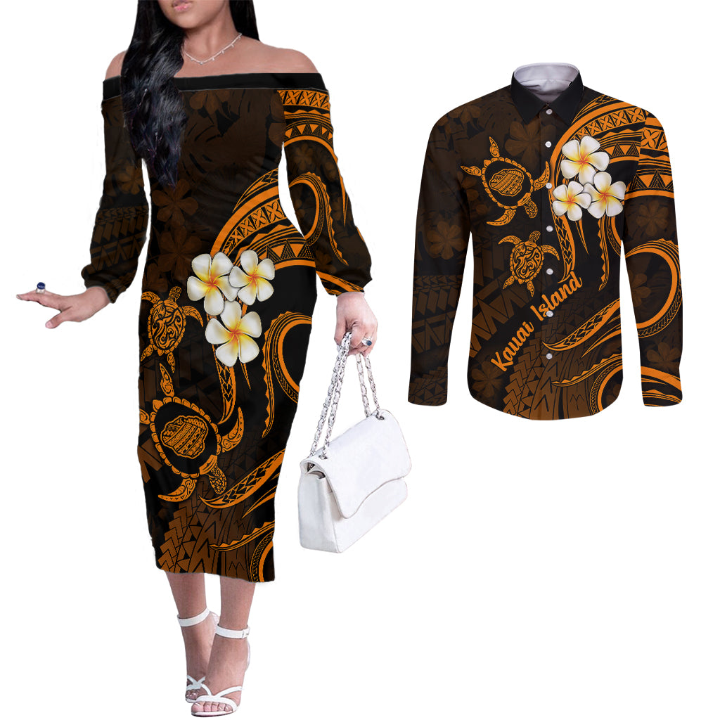 Hawaii Couples Off The Shoulder Long Sleeve Dress and Long Sleeve Button Shirts Kauai Islands Polynesian Sunset Plumeria Gold Vibe LT9 Gold - Polynesian Pride