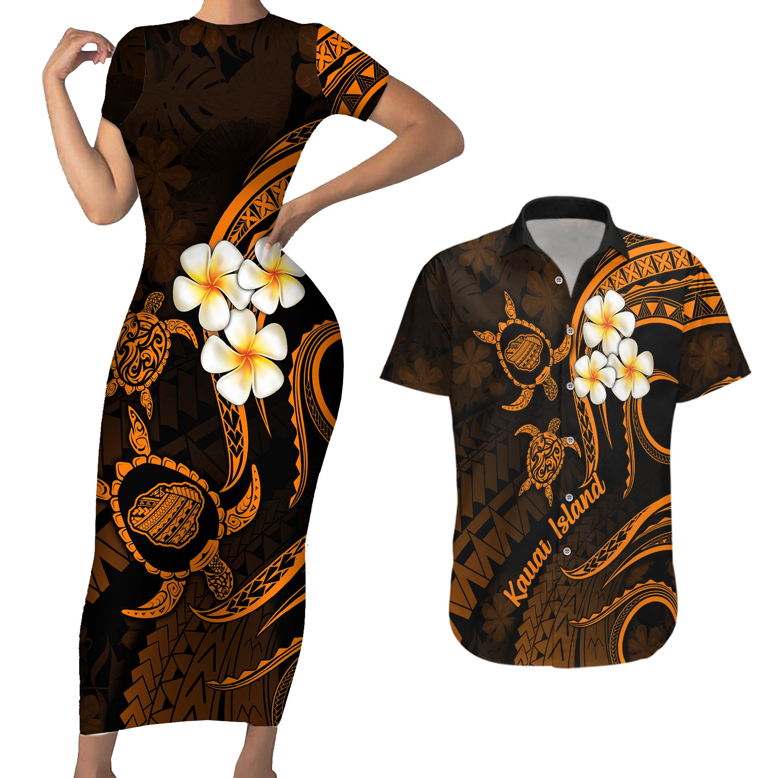 Hawaii Couples Short Sleeve Bodycon Dress and Hawaiian Shirt Kauai Islands Polynesian Sunset Plumeria Gold Vibe LT9 Gold - Polynesian Pride